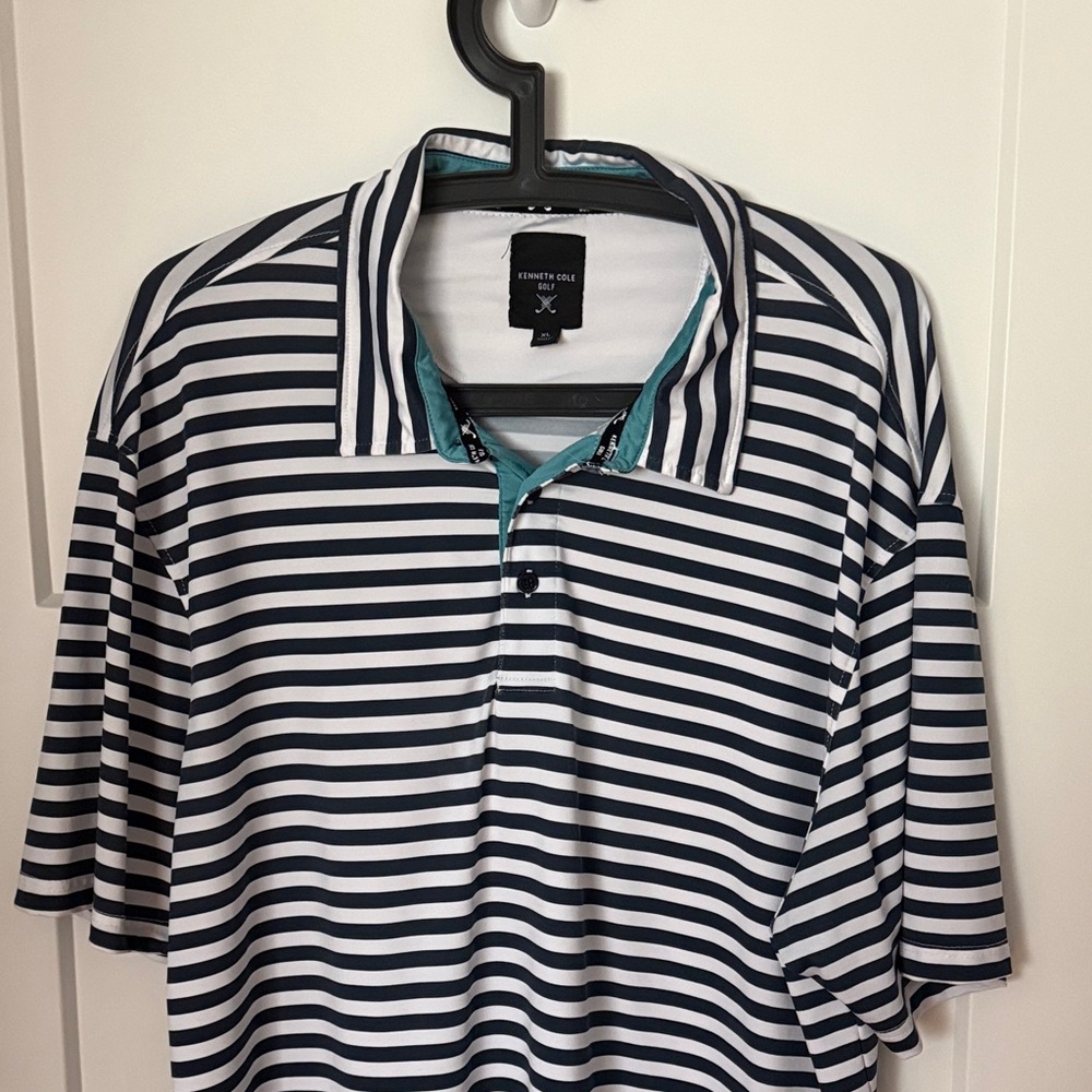 Kenneth Cole Navy and White Striped Polo with Teal Accent
